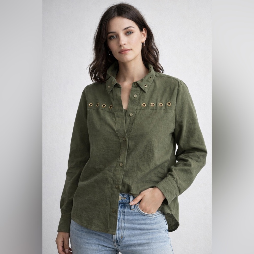Olive Green Button-Up Shirt with Metal Eyelets